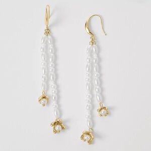 NWT, Ann Taylor Pearl Double Tassel Drop Earrings with Gold Flowers